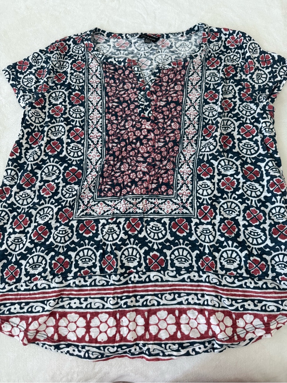 Lucky Brand Women’s Red Blue Print Top Blouse Size XL E06